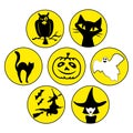 Halloween badges, black and white on yellow background. Witch, cat, owl, ghost and pumpkin images. Vector illustrations