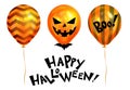 Halloween Balloons. Balloon like pumpkin Jack-o-lantern and text Happy Halloween. Scary air balloons. Holidays, decoration and Royalty Free Stock Photo