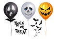 Halloween Balloons. Balloon like pumpkins Jack-o-lantern, bats and text Trick or Treat. Scary air balloons. Holidays, decoration Royalty Free Stock Photo