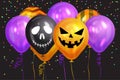 Halloween Balloons. Ghost, Pumpkin, Skeleton  and colorful confetti. Scary air balloons. Holidays, decoration and party concept Royalty Free Stock Photo