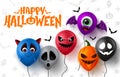 Halloween balloons vector background design. Happy halloween text with balloon elements with creepy faces like demon, devil.