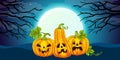 Halloween banner background. Full moon against the dark sky and silhouettes of trees, horrible pumpkins Jack O Lantern