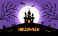 Halloween banner or background with full moon, castle, trees, graveyard, cat, pumpkin, bats, spider and evil eyes Royalty Free Stock Photo