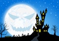 Halloween banner background with spooky castle and ghost face full moon Royalty Free Stock Photo