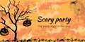 Halloween banner, black tree with pumpkins and cobwebs on an orange textured background. Vector illustration for website, Royalty Free Stock Photo