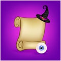 Halloween banner, card with empty paper scroll and eyeball, witches hat. Blank ancient scroll of parchment wallpaper, background. Royalty Free Stock Photo