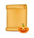 Halloween banner, card with empty paper scroll and pumpkin. Blank ancient scroll of parchment wallpaper, background.