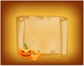 Halloween banner, card with empty paper scroll and pumpkin. Blank ancient scroll of parchment wallpaper, background. Poster or bro Royalty Free Stock Photo