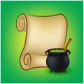 Halloween banner, card with empty paper scroll and witches cauldron, green potion. Blank ancient scroll of parchment wallpaper,