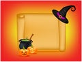 Halloween banner, card with empty paper scroll and witches cauldron, green potion, pumpkin. Blank ancient scroll of parchment wall