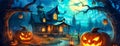 Halloween banner with classic scene haunted house glowing Jack-o-lanterns pumpkins flying mystical creepy birds and bats full moon