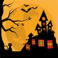 Halloween banner cute black cat with a spooky house