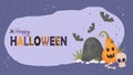 Halloween Banner. Cute pumpkin lantern Jack, skull, bones, grave headstone with bats on blue background with cobwebs Royalty Free Stock Photo