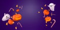 Halloween banner with 3d elements white ghosts, candy corns, candy cans, spooky pumpkins. Abstract assets in purple background