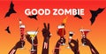 Halloween banner with Dead zombie hands holding bloody cocktails Royalty Free Stock Photo