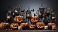 Halloween banner design Jack o lanterns and vintage lamps