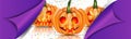 Halloween banner design with orange pumpkins with spooky scary cut out faces. Pill off purple paper effect. Royalty Free Stock Photo