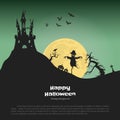 Halloween banner with fantasy silhouettes. Landscape of cemetary with scarecrow and pumkins. Holiday scene