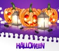 Halloween banner, flyer, or holiday party invitation card. Orange spooky scary pumpkins and lanterns on a glass surface with spide