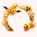 Halloween banner with flying pumpkin, candies and ghost balloons on white background. Halloween background with scary