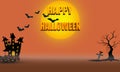 Halloween banner, full moon pumpkins are placed in front of the haunted house, and bats perched on the gravestone Royalty Free Stock Photo