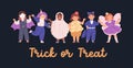 Halloween banner with happy disguised kids in holiday costumes. Cute children on October Helloween party night. Trick