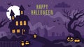 Halloween banner with haunted house. Poster with scary graveyard, full moon, spooky trees, tombstones and lantern