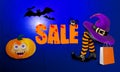 Halloween banner with lettering sale, shopping bag or pack, smiling pumpkin face, witch's striped legs, flying bats Royalty Free Stock Photo