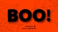 Halloween banner in paper cut style. Black text on orange background with cobwebs and spider