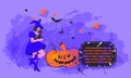 Halloween party invitation with woman in witch dress, vector illustration.