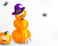 Halloween Banner Or Party Invitation With Pumpkin Faces, Witch Hat, Spiders, Web And Eyes Isolated On White Background