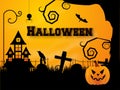 Halloween banner or poster design with haunted house and scary pumpkin. Royalty Free Stock Photo