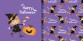 Halloween banner and seamless pattern of young witch with Pumpkins lantern, candies and Happy Halloween text with bats on purple Royalty Free Stock Photo