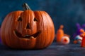 Halloween banner with smiling pumpkin. Dark background. Festive wallpaper. Autumn holiday