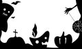 Halloween banner template with black spooky silhouettes. Cute black illustration isolated on white can be used as a part of design