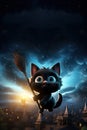 Halloween banner template, cute black cartoon witch cat, night background Royalty Free Stock Photo