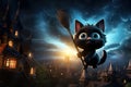 Halloween banner template, cute black cartoon witch cat, night background Royalty Free Stock Photo