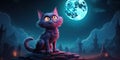 Halloween banner template, cute black cartoon witch cat, night background Royalty Free Stock Photo