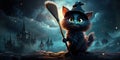 Halloween banner template, cute black cartoon witch cat, night background Royalty Free Stock Photo
