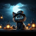 Halloween banner template, cute black cartoon witch cat, night background Royalty Free Stock Photo