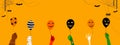 Halloween banner vector illustration, monster hands hold spooky party fantasy balloon on orange background