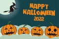 halloween banner wiith green color and witch flying above moon and 4 pumpkin