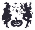 Halloween banner with witch and devil women black silhouette, vector isolated.