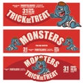 Halloween Banners with the baby zombie characters on the background. red blood landscape