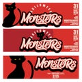 Halloween Banners with the characters silhouette scary cat and custom monsters typography on the background. Night autumn