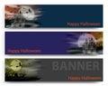 Halloween banners collection with gothic castle, flying young witch, bats and full moon. Vector Royalty Free Stock Photo