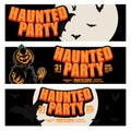 Halloween Banners with the evil pumpkin wearing shabby robe characters on the dark of the moon background. Night autumn landscape