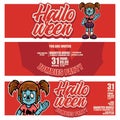 Halloween Banners with the little cute zombie children say hello characters on the background. Night scary funny autumn landscape