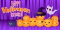 Halloween banners with pumpkins in witch hat, ghost and black cat hat in cartoons style Royalty Free Stock Photo