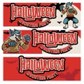 Halloween Banners with the scary ware wolf characters on the moon and bats background. Night spooky autumn landscape